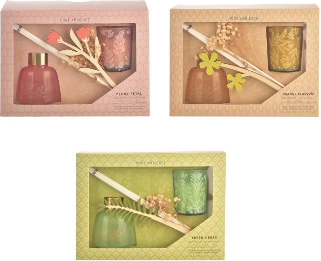 Coffret cadeau diffuseur d’arômes à bâtonnets et bougie parfumée – 3 variantes
