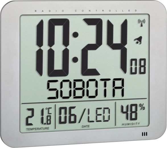 Horloge numérique radio-pilotée TFA à poser ou à suspendre, argentée