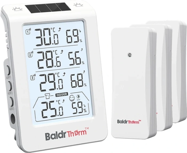 Thermohygromètre Baldrtherm à trois canaux avec rétroéclairage automatique