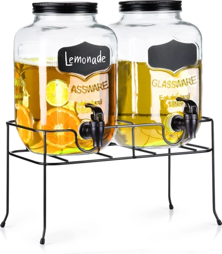 Distributeur de boissons double en verre avec robinet et support noir 2×4 l