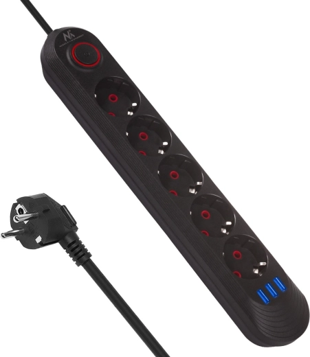 Multiprise parasurtension avec 5 prises et 3× USB, 2500 W, noir