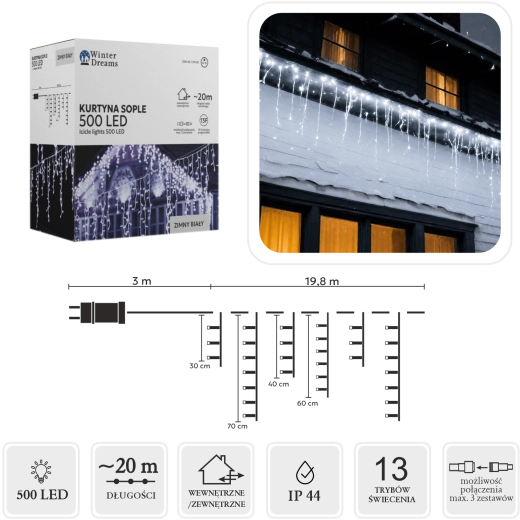 Rideau lumineux LED avec stalactites, 500 LED, blanc froid, 20 m