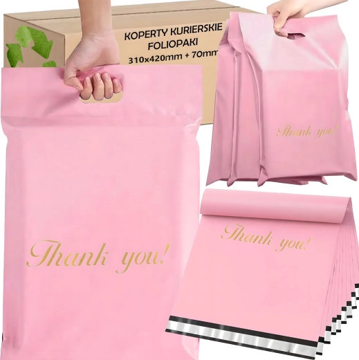 Sacs postaux poly roses avec poignée 310 × 420 + 70 mm, 50 pcs