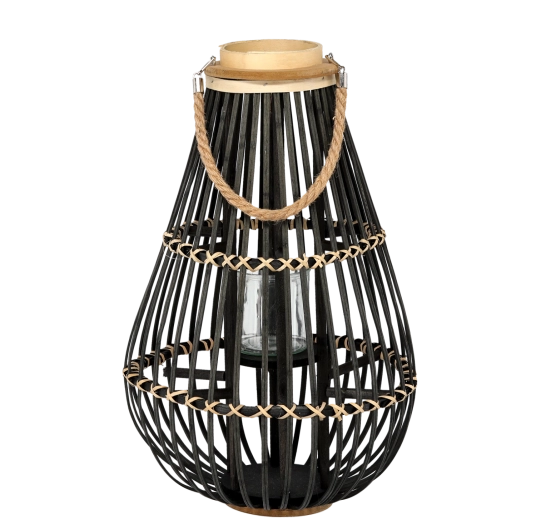 Lanterne en bois avec insert en verre, noir, 32 × 57 cm