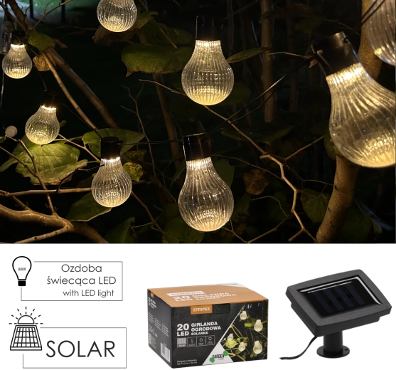 Guirlande solaire de jardin Stripes 20 LED, blanc chaud, 5,8 m