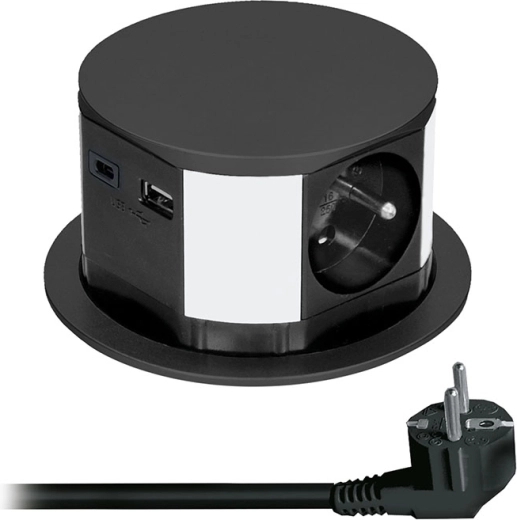 Bloc multiprise escamotable Solight avec 3 prises et recharge USB, noir