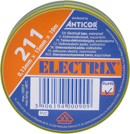 Ruban isolant électrique Solight 15 mm x 0,13 mm x 10 m jaune-vert