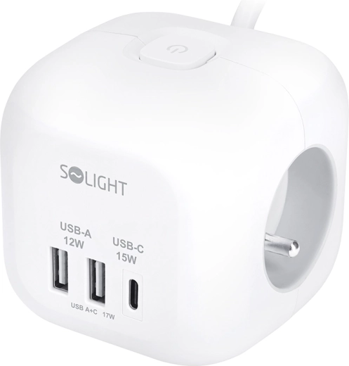 Rallonge électrique Solight en forme de cube, 3 prises + USB-A et USB-C, câble de 2 m, blanche