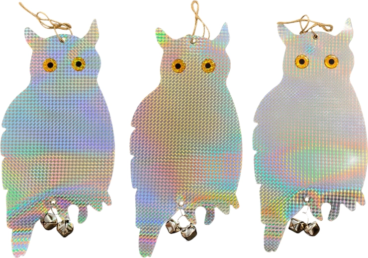 Effaroucheur suspendu réfléchissant pour oiseaux – chouettes holographiques, lot de 3 pièces