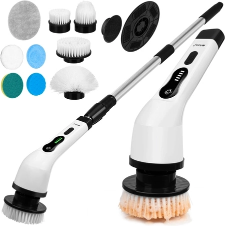 Brosse de nettoyage électrique rotative pour salle de bain Ruhhy avec manche télescopique et 9 embouts USB-C