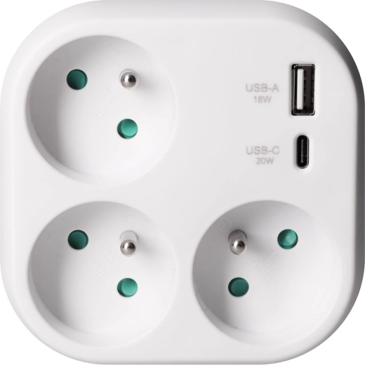 Adaptateur multiprise Solight avec 3 prises et charge rapide USB 20 W PD, blanc