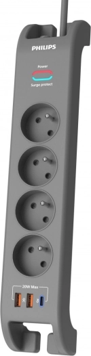 Multiprise parasurtenseur 2 m, 4 prises, 1× USB‑C, 2× USB‑A, PD 20 W / QC 18 W, 2400 J – Philips
