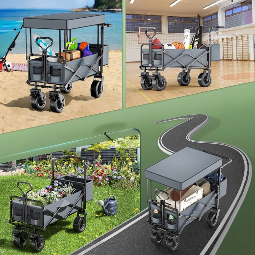 Grand chariot pliant de jardin et de plage avec dôme et roues XL
