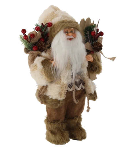 Père Noël beige debout avec skis, 30 cm