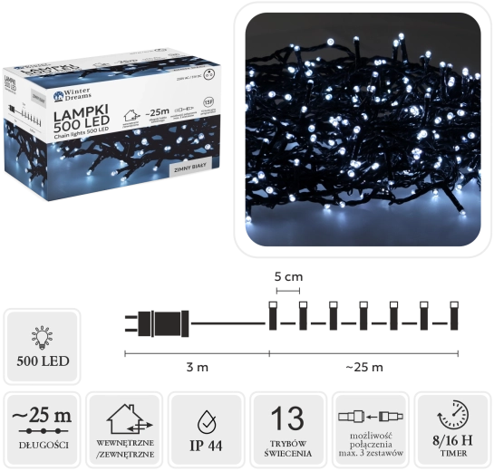 Guirlande lumineuse LED de 500 diodes, blanc froid, 25 m