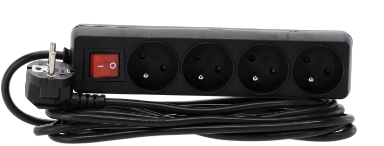 Multiprise parafoudre avec interrupteur, 4 prises, 3 m, noire