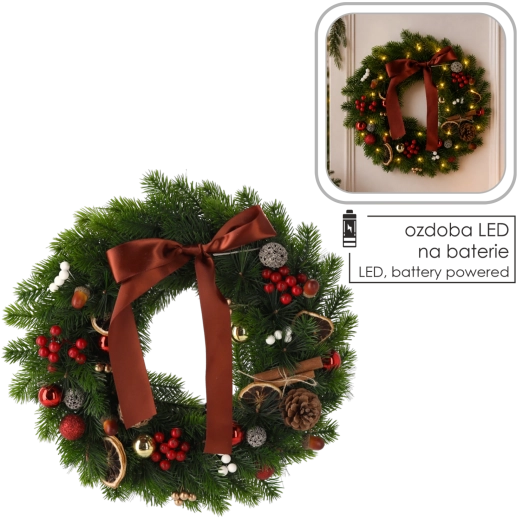 Couronne de Noël LED de 40 cm avec feuillage vert et nœud marron