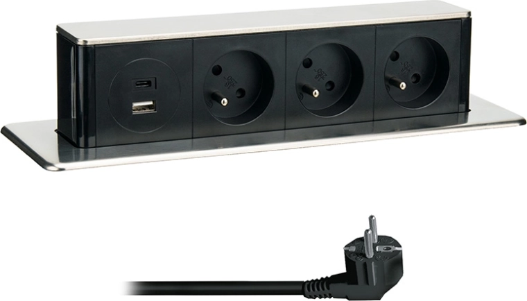 Solight bloc de prises escamotable 3× 230 V + USB-A/USB-C 20 W PD, 2 m, inox