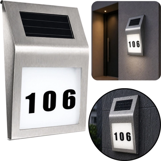 Lampe LED solaire en acier inoxydable avec numéro de maison rétroéclairé
