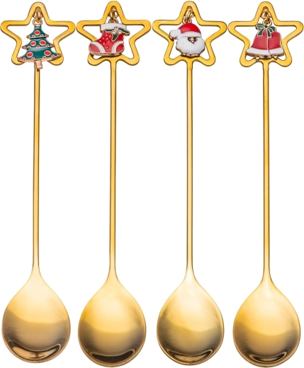 Ensemble de 4 cuillères décorées à motif festif dans une boîte