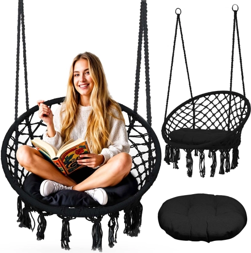Fauteuil suspendu boho noir avec coussin