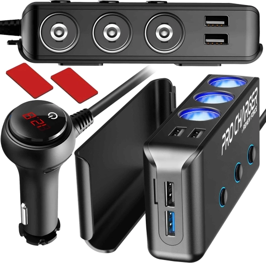Répartiteur d’allume-cigare 200 W avec 3 prises et 4× USB (QC 3.0 + PD) avec voltmètre numérique - 1 pièce