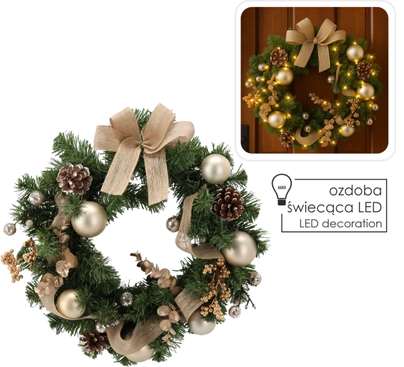 Couronne de Noël avec 15 LED, 40 cm, dorée