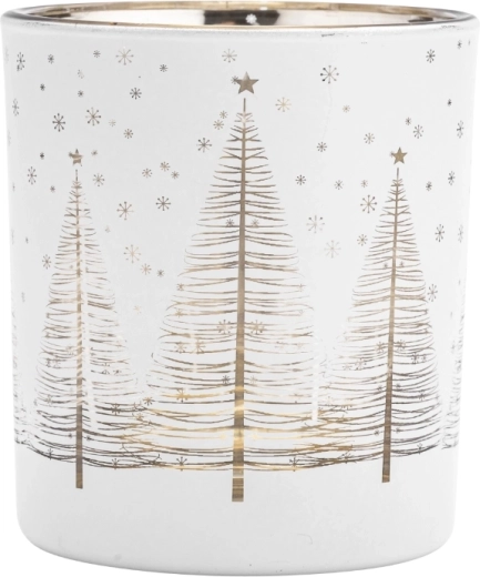 Photophore en verre blanc et or pour bougie chauffe-plat avec décor de sapins de Noël
