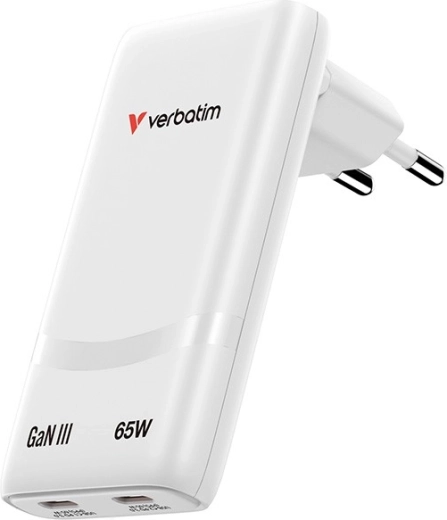 Chargeur GaN Verbatim Fold n Go 65 W, 2× USB‑C (PD 3.0, PPS), blanc