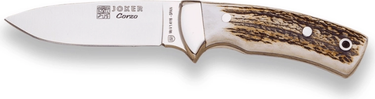 Couteau de chasse Joker Corzo 10 cm avec manche en bois de cerf et étui en cuir