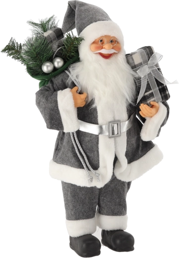 Père Noël gris debout avec sac, 60 cm
