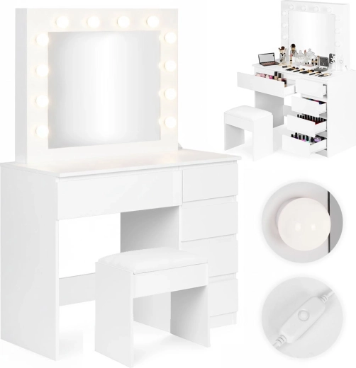 Coiffeuse cosmétique ModernHome avec miroir et éclairage LED, 5 tiroirs et tabouret
