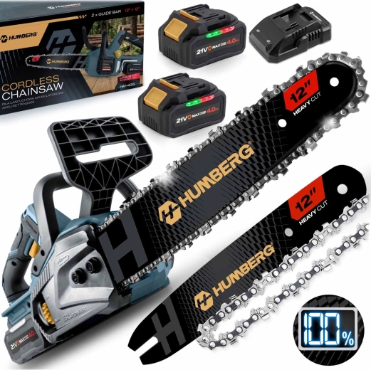 Tronçonneuse à chaîne sur batterie Humberg 12" avec moteur sans balais + 2× batteries 4 Ah