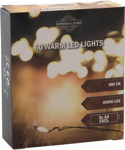 Guirlande lumineuse 60 LED lumière blanc chaud 3 m noir à piles