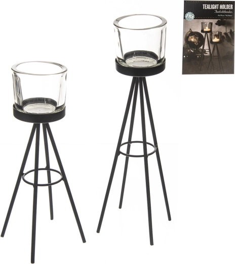 Ensemble de bougeoirs en verre et métal noir – 2 pièces
