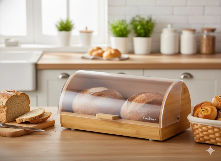 Boîte à pain MENTA en bambou avec couvercle à rideau translucide 38 × 28 × 18,5 cm