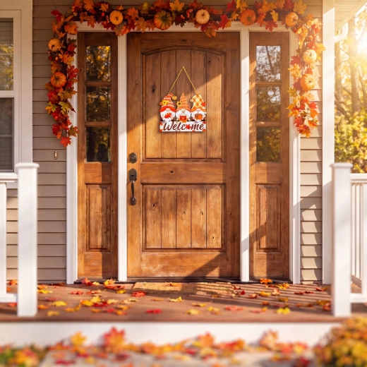 Décoration automnale suspendue pour porte avec lutins Welcome