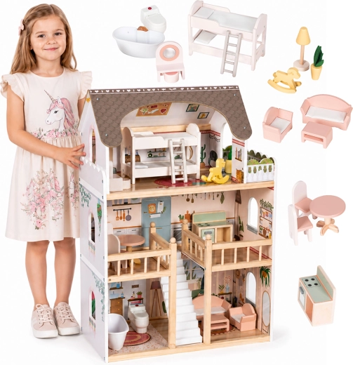 Maison de poupées en bois Ecotoys Laura avec 3 étages et 15 pièces de mobilier