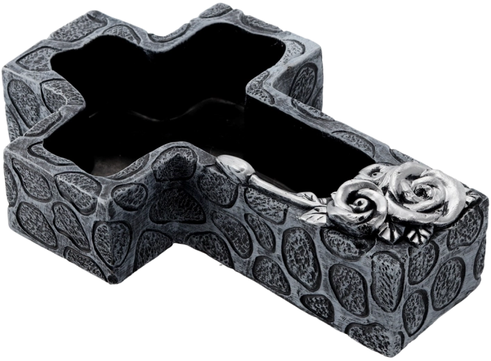 Jardinière funéraire en ciment en forme de croix, gris foncé avec détails argentés 28 × 18 × 7,5 cm