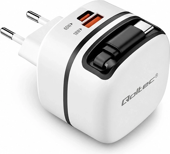 Chargeur secteur Qoltec GaN 65 W USB‑C PD PPS avec câble rétractable