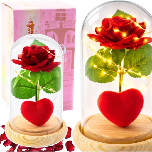 Rose rouge éternelle sous cloche en verre avec éclairage LED et petit cœur