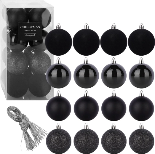 Boules de Noël incassables noires 8 cm, 16 pcs