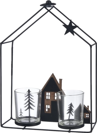 Bougeoir lanterne en forme de maisonnette en métal et verre