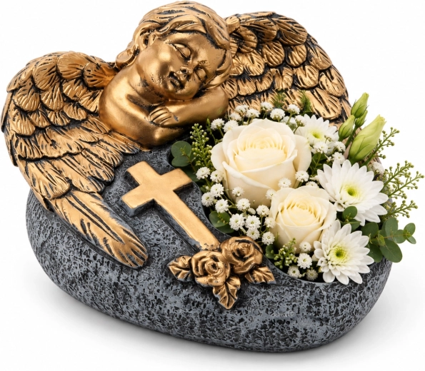 Jardinière de cimetière en ciment en forme de cœur avec ange, gris foncé et doré, 16 × 17,5 × 11 cm