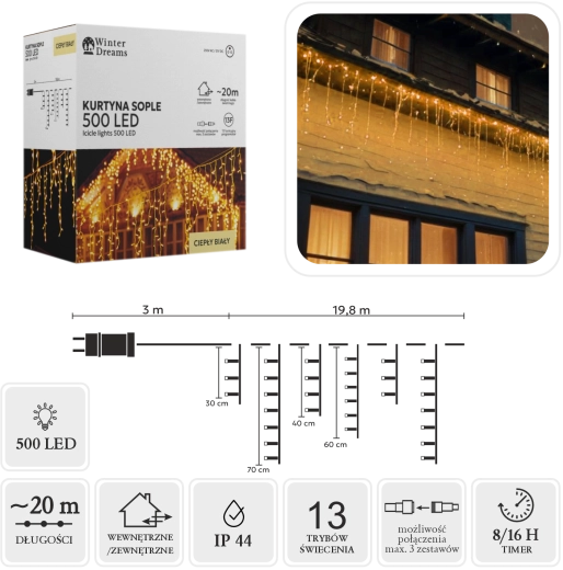 Rideau lumineux LED en forme de glaçons, 500 LED blanc chaud, 20 m