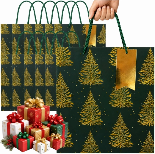 Sac cadeau de Noël avec sapins dorés