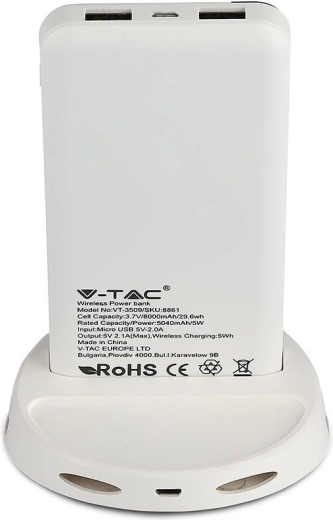 Batterie externe V-TAC 8000 mAh avec recharge sans fil Qi et support