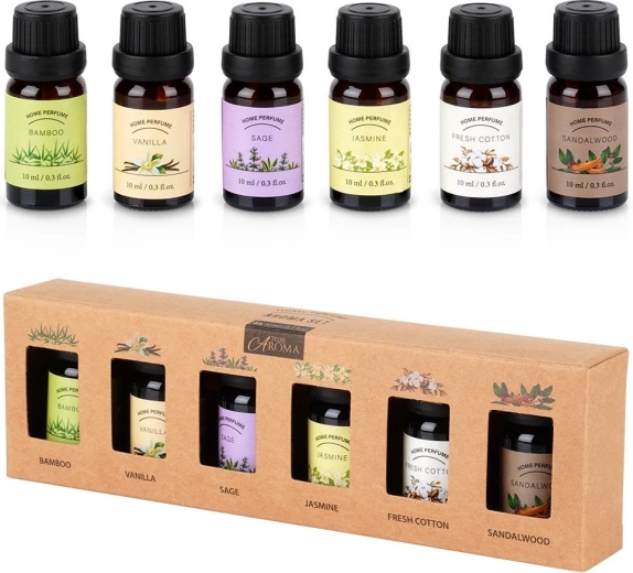 Coffret-cadeau d’huiles essentielles 6 × 10 ml – bambou, vanille, sauge, jasmin, fresh cotton, bois de santal