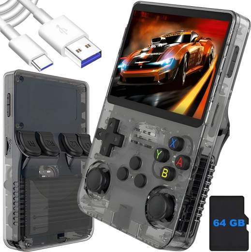 Console de jeu rétro portable Renew Force R36S noire 64 Go avec ArkOS 2.0
