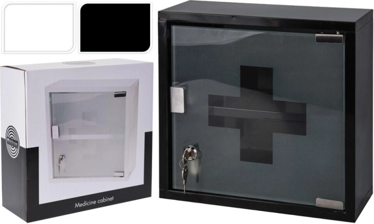 Armoire à pharmacie murale verrouillable en inox avec portes en verre, 30 × 30 × 12 cm, blanc/noir (sans équipement)
